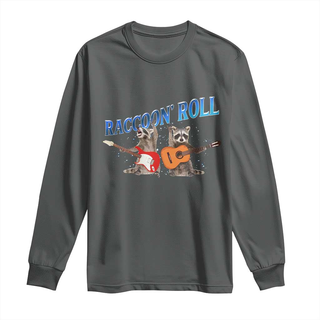 Raccoon Rock And Roll Long Sleeve Shirt Funny Rock Band Playing Guitar Electric Music Lover TS12 Dark Heather Print Your Wear