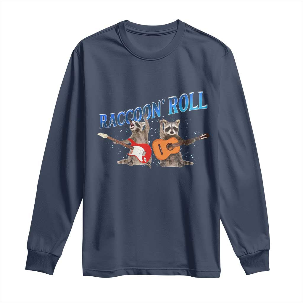 Raccoon Rock And Roll Long Sleeve Shirt Funny Rock Band Playing Guitar Electric Music Lover TS12 Navy Print Your Wear
