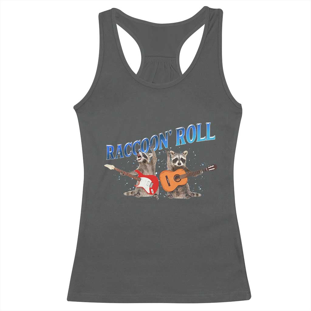 Raccoon Rock And Roll Racerback Tank Top Funny Rock Band Playing Guitar Electric Music Lover TS12 Dark Heather Print Your Wear