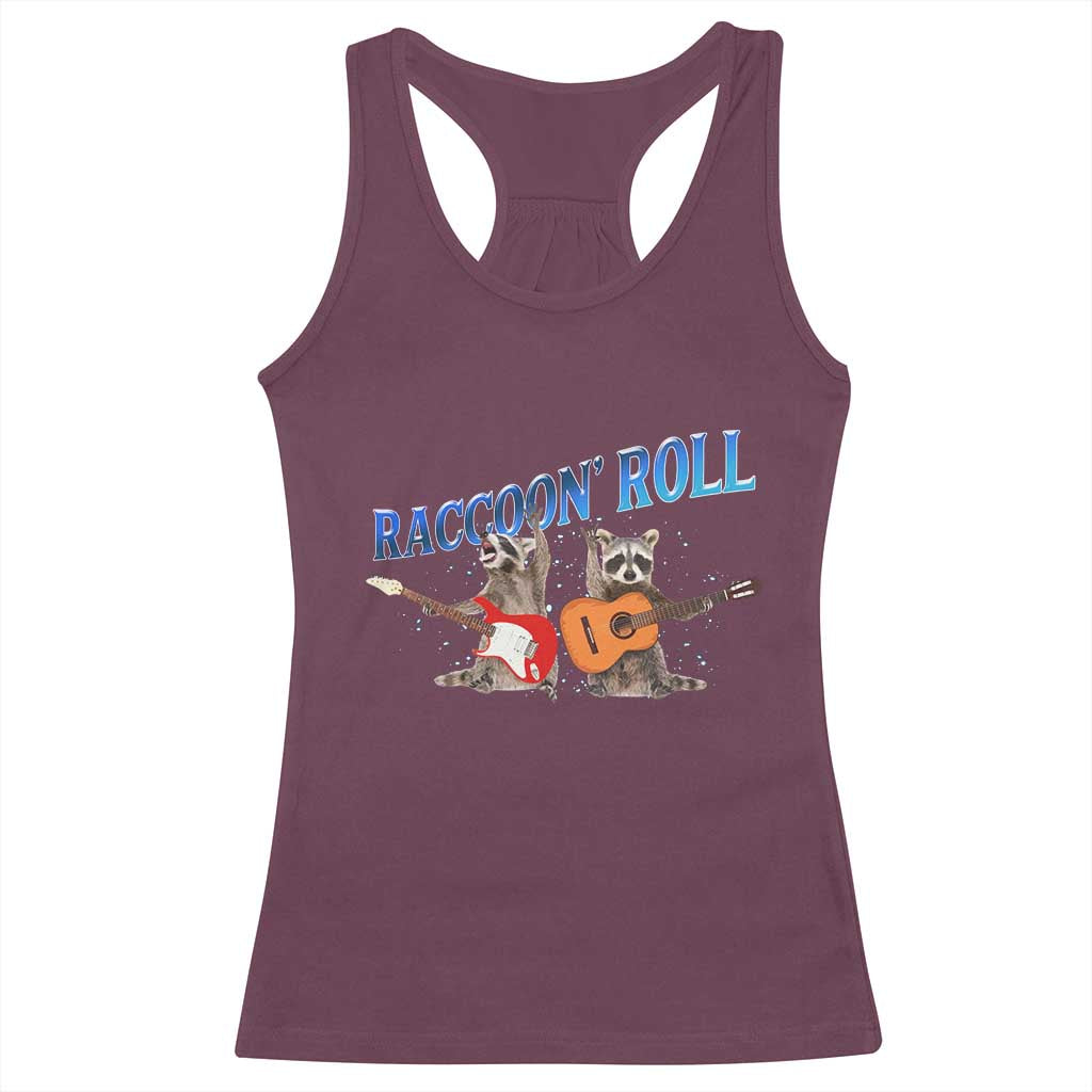 Raccoon Rock And Roll Racerback Tank Top Funny Rock Band Playing Guitar Electric Music Lover TS12 Maroon Print Your Wear