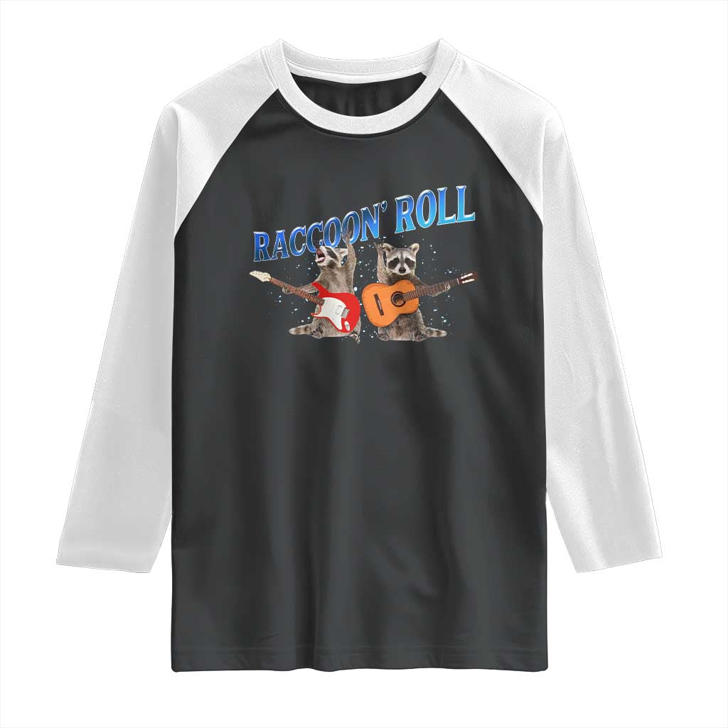 Raccoon Rock And Roll Raglan Shirt Funny Rock Band Playing Guitar Electric Music Lover TS12 Black White Print Your Wear