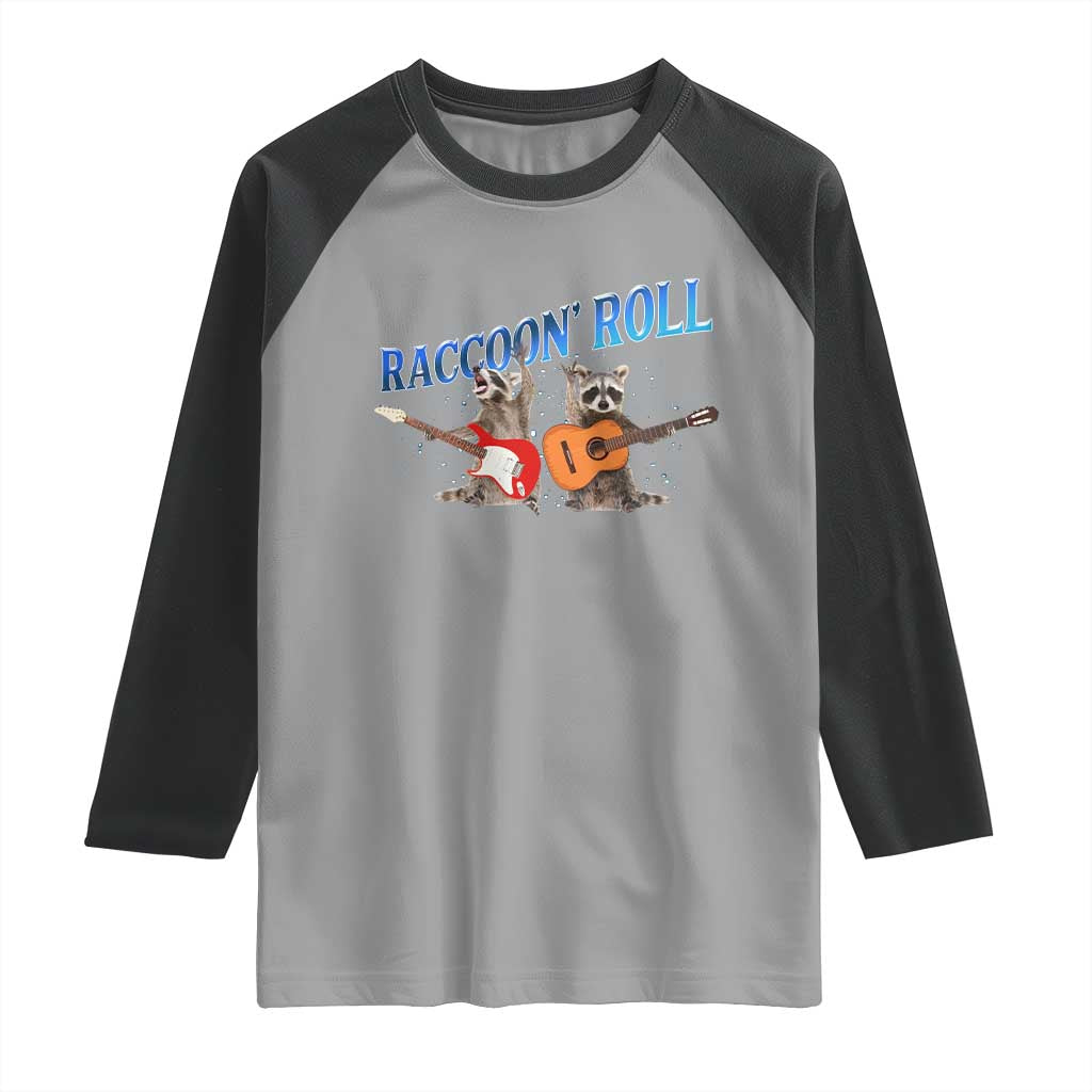 Raccoon Rock And Roll Raglan Shirt Funny Rock Band Playing Guitar Electric Music Lover TS12 Sport Gray Black Print Your Wear