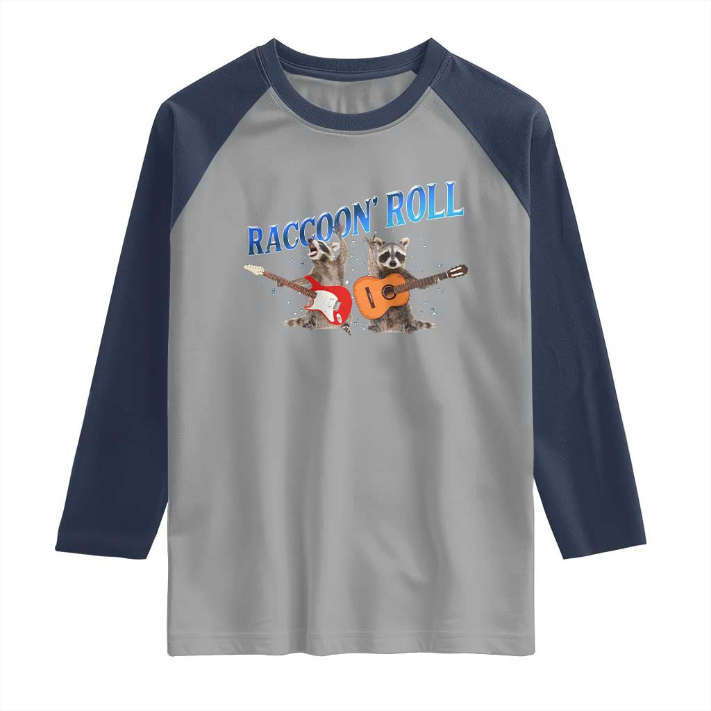 Raccoon Rock And Roll Raglan Shirt Funny Rock Band Playing Guitar Electric Music Lover TS12 Sport Gray Navy Print Your Wear