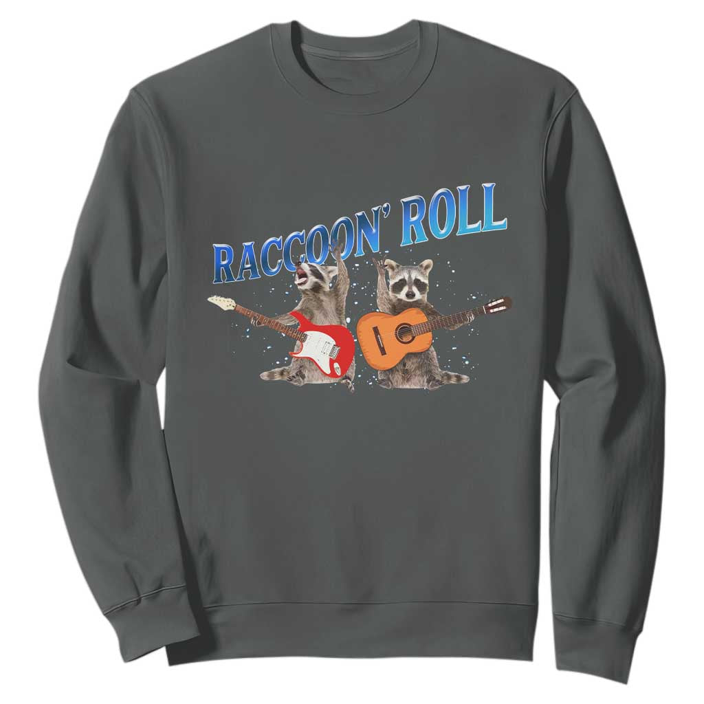 Raccoon Rock And Roll Sweatshirt Funny Rock Band Playing Guitar Electric Music Lover TS12 Dark Heather Print Your Wear