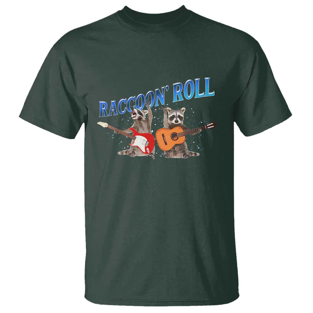 Raccoon Rock And Roll T Shirt Funny Rock Band Playing Guitar Electric Music Lover TS12 Dark Forest Green Print Your Wear