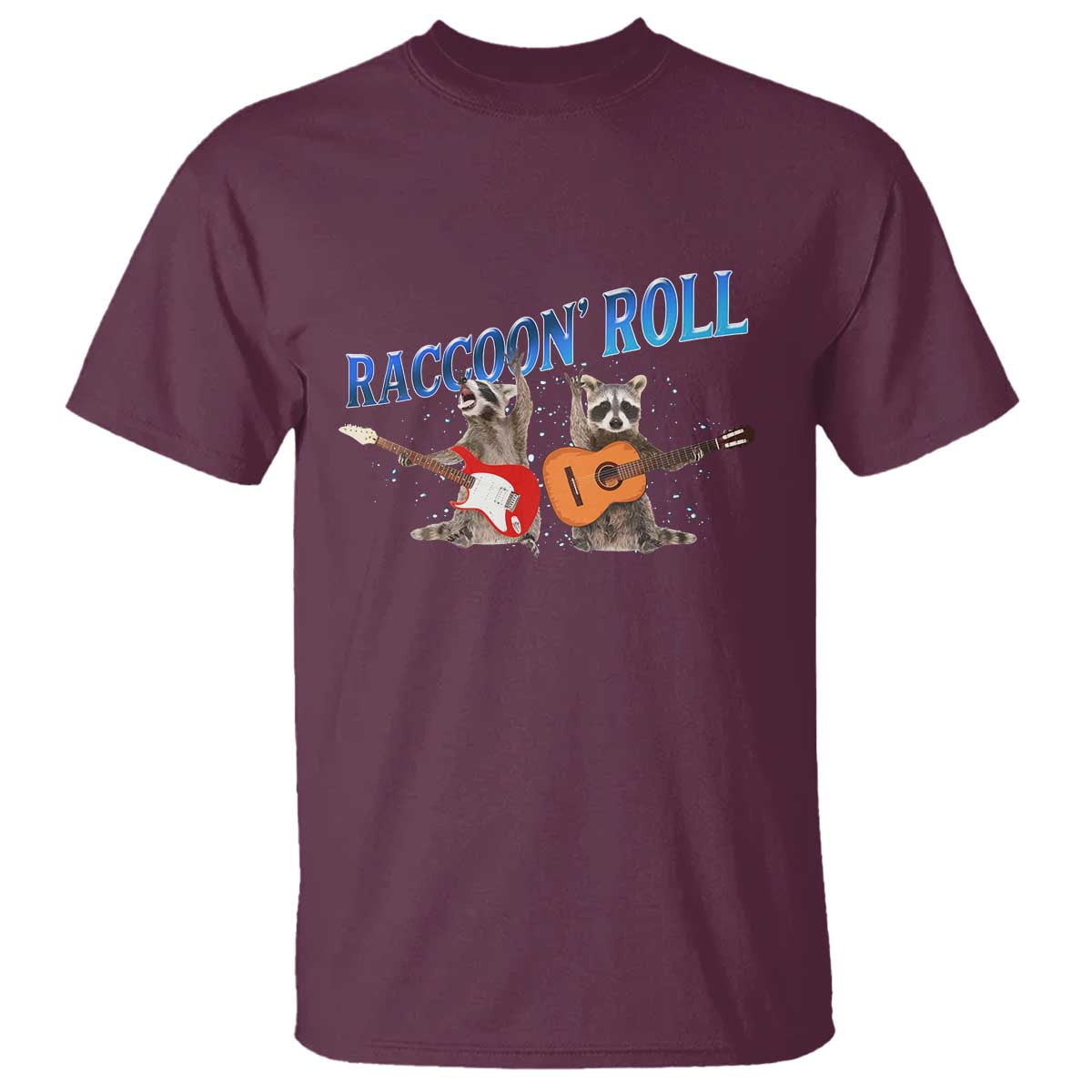 Raccoon Rock And Roll T Shirt Funny Rock Band Playing Guitar Electric Music Lover TS12 Maroon Print Your Wear