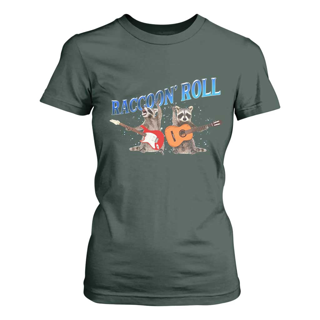 Raccoon Rock And Roll T Shirt For Women Funny Rock Band Playing Guitar Electric Music Lover TS12 Dark Forest Green Print Your Wear