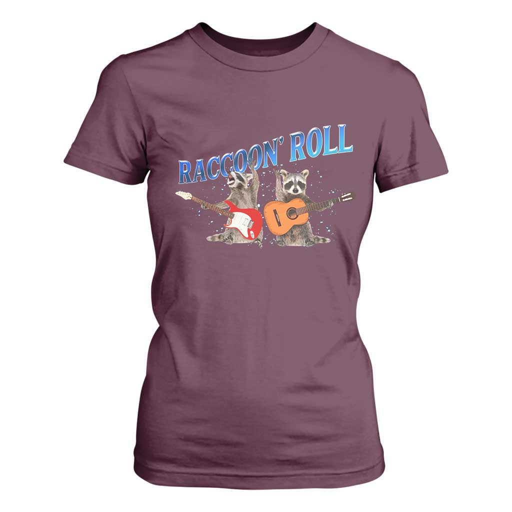 Raccoon Rock And Roll T Shirt For Women Funny Rock Band Playing Guitar Electric Music Lover TS12 Maroon Print Your Wear