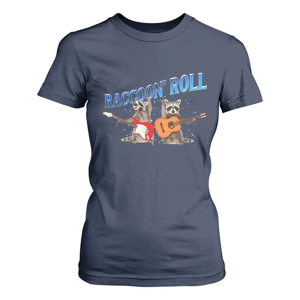 Raccoon Rock And Roll T Shirt For Women Funny Rock Band Playing Guitar Electric Music Lover TS12 Navy Print Your Wear