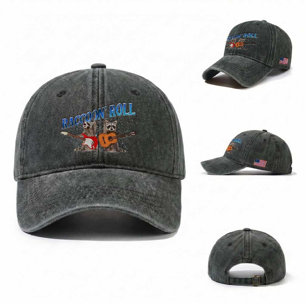 Raccoon Rock And Roll Washed Cotton Baseball Cap Funny Rock Band Playing Guitar Electric Music Lover TS12 Washed Cap Universal Fit Dark Green Print Your Wear