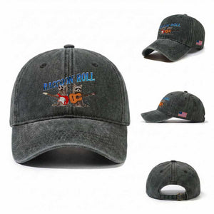 Raccoon Rock And Roll Washed Cotton Baseball Cap Funny Rock Band Playing Guitar Electric Music Lover TS12 Washed Cap Universal Fit Dark Green Print Your Wear
