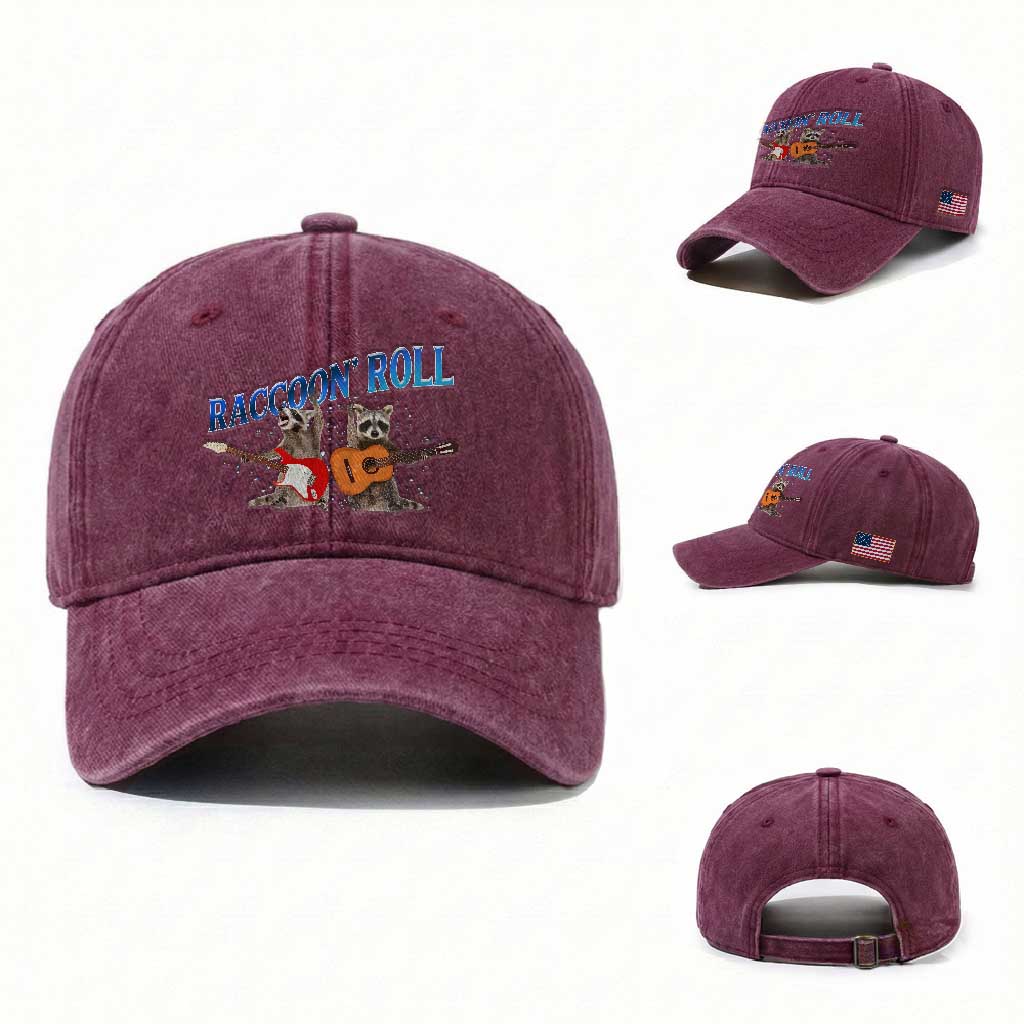 Raccoon Rock And Roll Washed Cotton Baseball Cap Funny Rock Band Playing Guitar Electric Music Lover TS12 Washed Cap Universal Fit Burgundy Print Your Wear