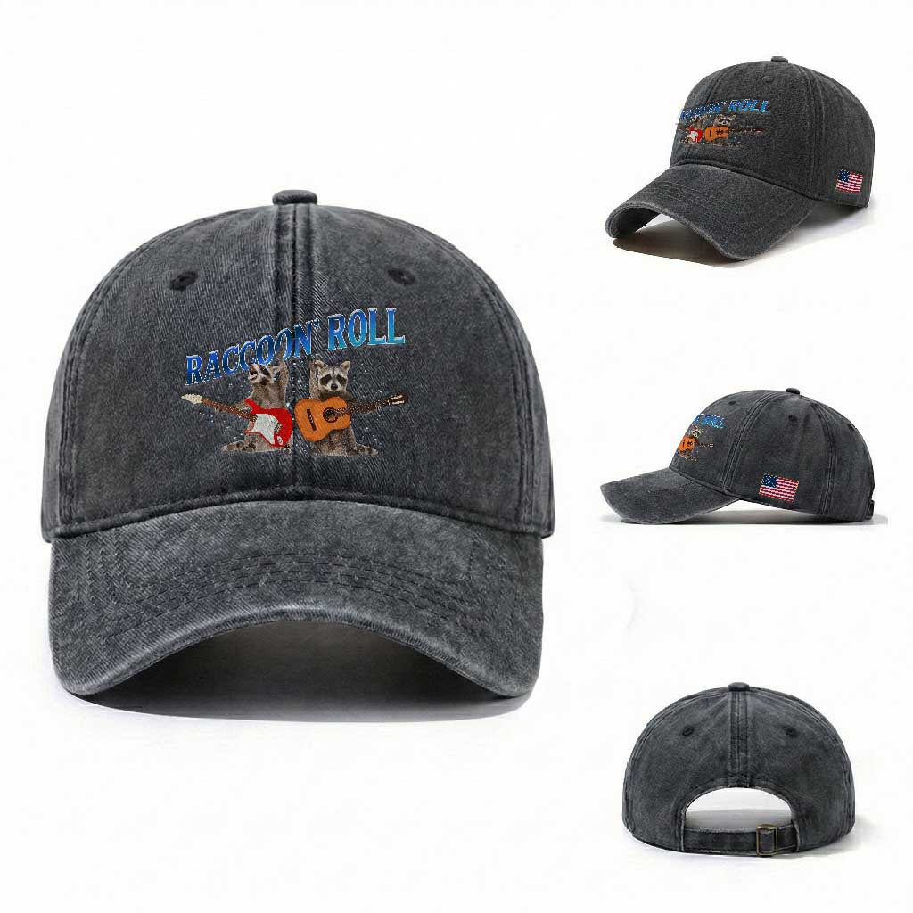 Raccoon Rock And Roll Washed Cotton Baseball Cap Funny Rock Band Playing Guitar Electric Music Lover TS12 Washed Cap Universal Fit Dark Gray Print Your Wear