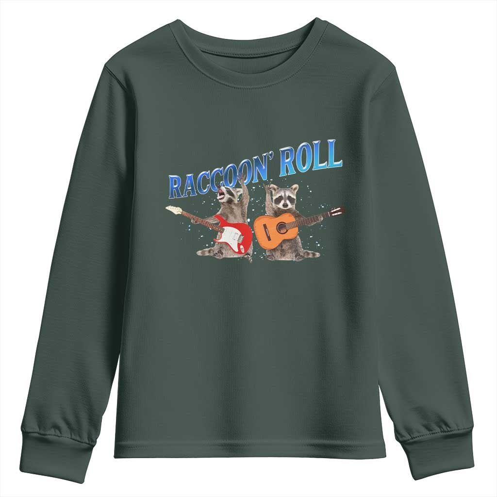 Raccoon Rock And Roll Youth Sweatshirt Funny Rock Band Playing Guitar Electric Music Lover TS12 Dark Forest Green Print Your Wear