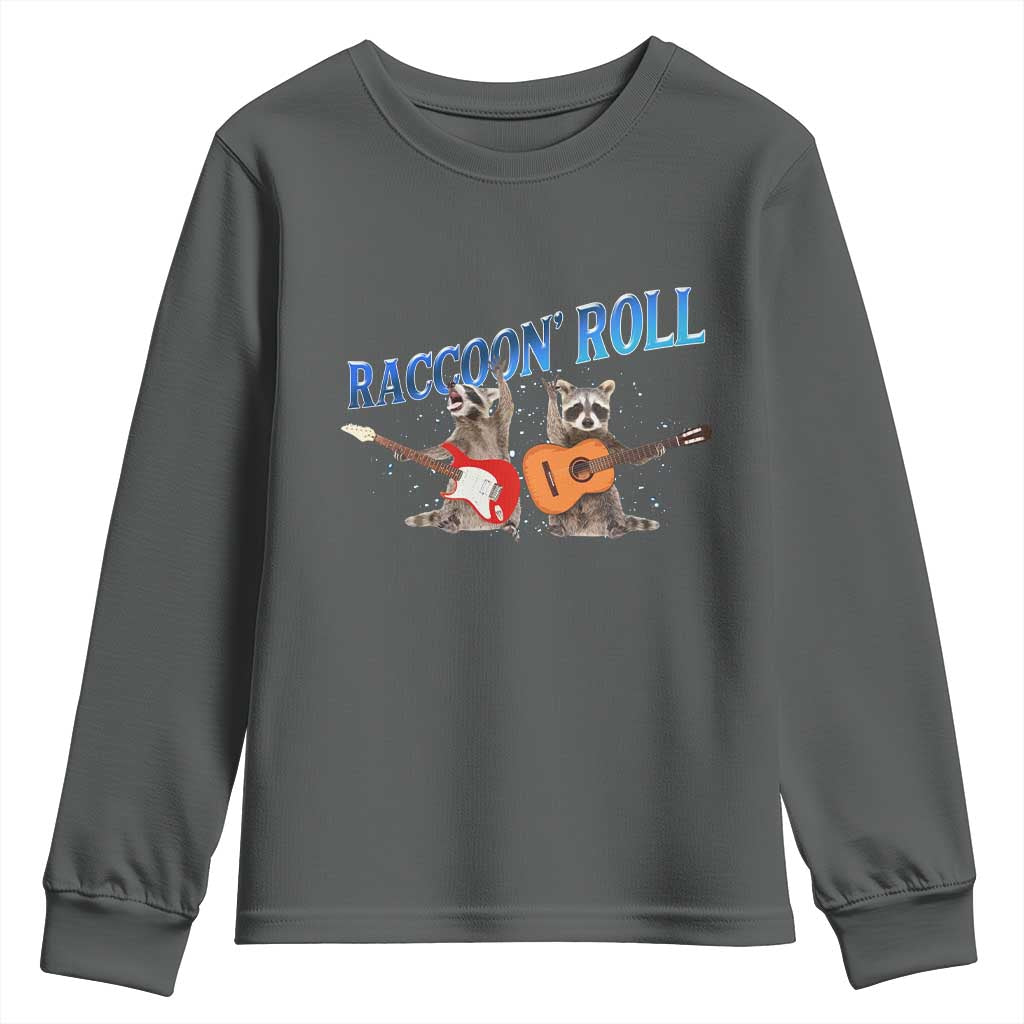 Raccoon Rock And Roll Youth Sweatshirt Funny Rock Band Playing Guitar Electric Music Lover TS12 Dark Heather Print Your Wear