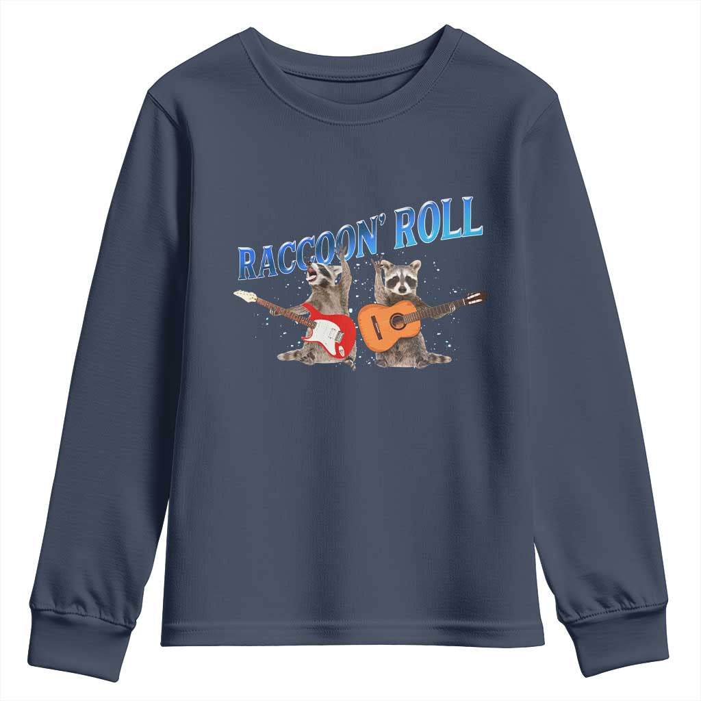 Raccoon Rock And Roll Youth Sweatshirt Funny Rock Band Playing Guitar Electric Music Lover TS12 Navy Print Your Wear
