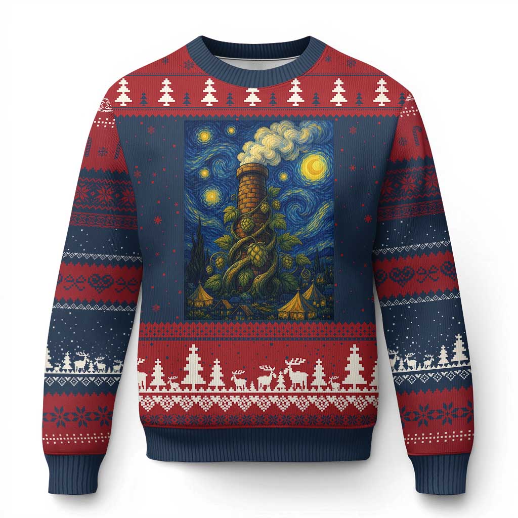 Starry Night Hops Brewery Ugly Christmas Sweater Vintage Hops Beer Lover Painterly TS12 Navy Red Print Your Wear