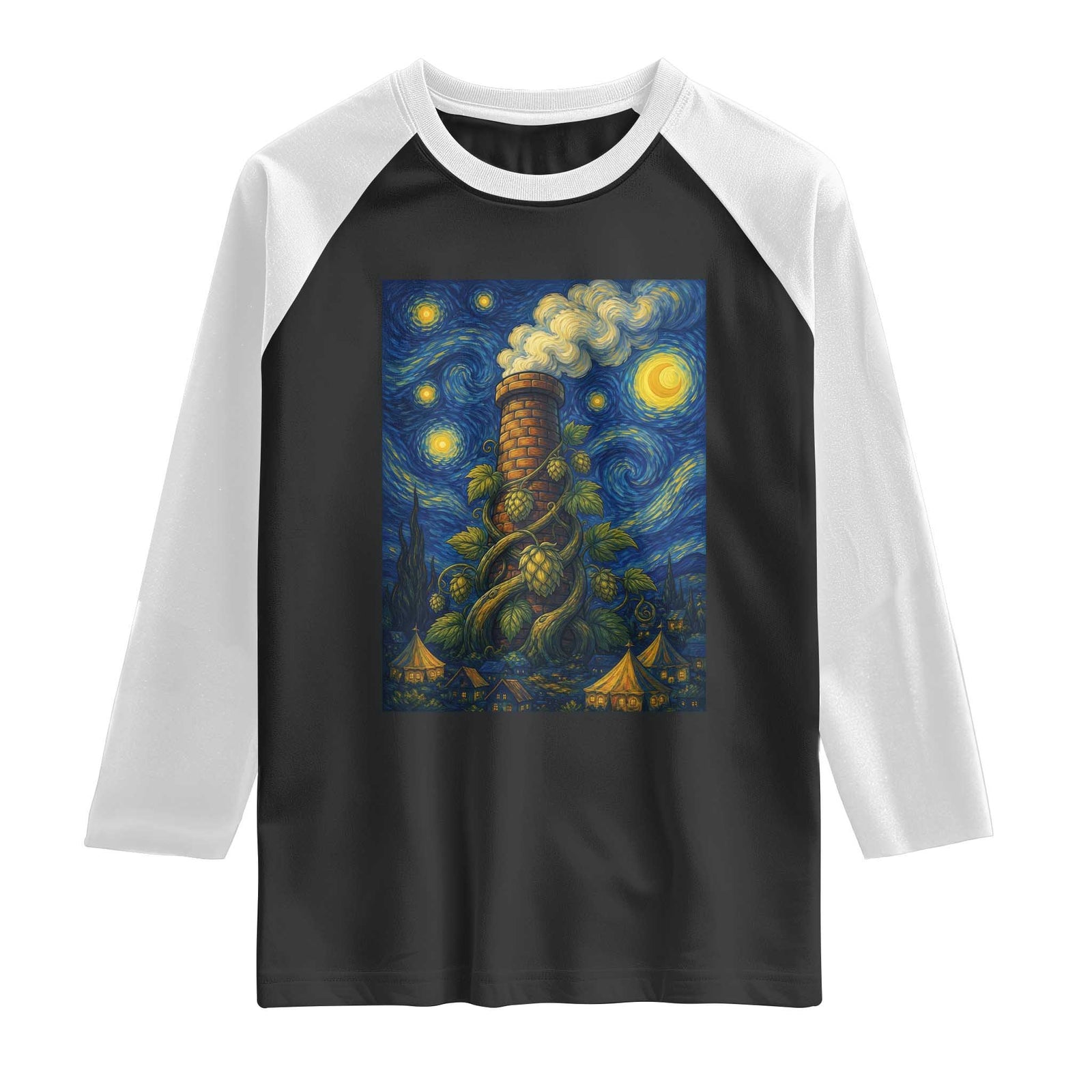 Starry Night Hops Brewery Raglan Shirt Vintage Hops Beer Lover Painterly TS12 Black White Print Your Wear