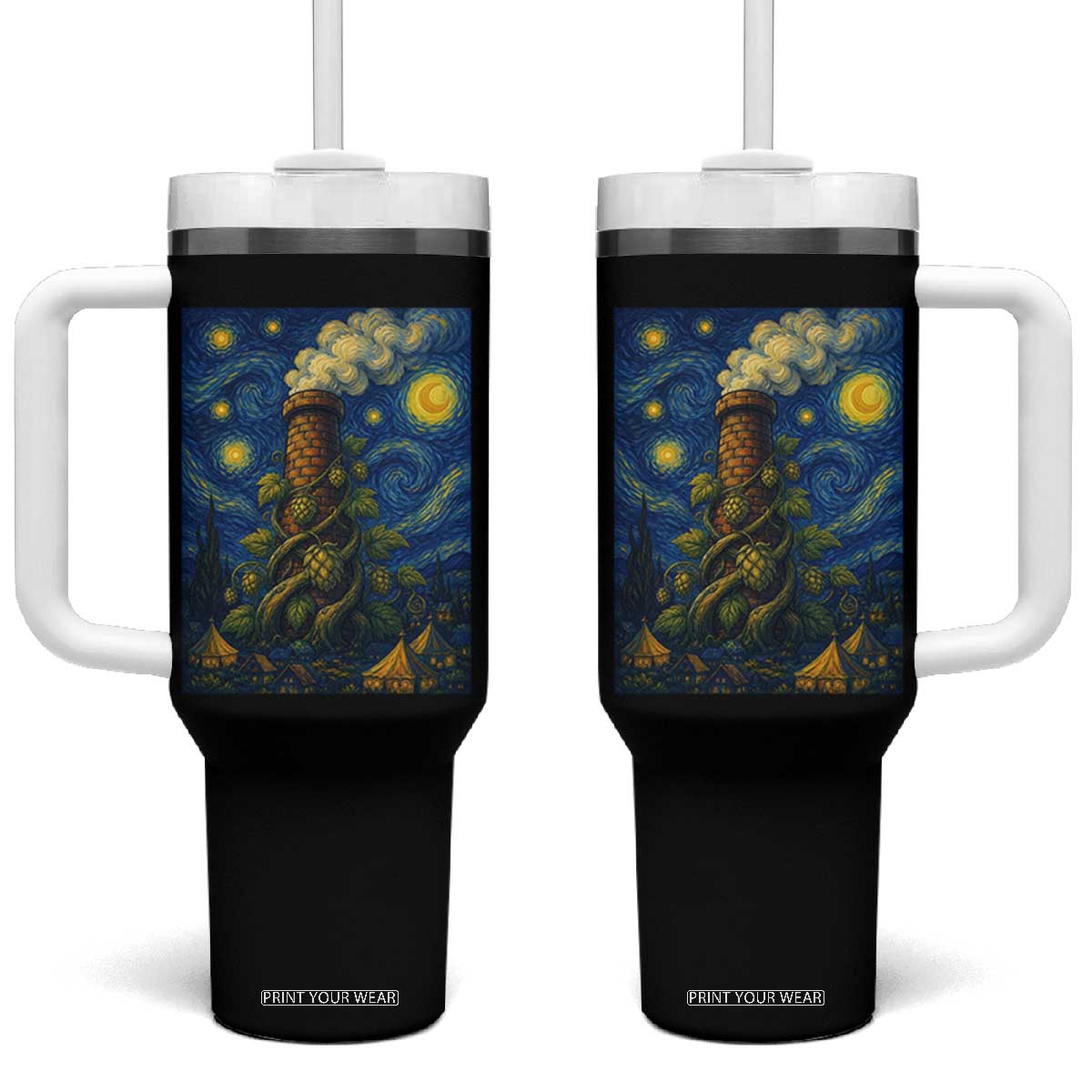Starry Night Hops Brewery Tumbler With Handle Vintage Hops Beer Lover Painterly TS12 One Size: 40 oz Black Print Your Wear