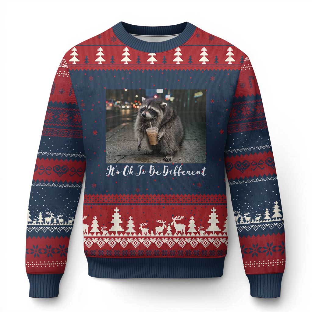Its Ok To Be Different Jimothy Raccoon Ugly Christmas Sweater Funny Short Spine Wildlife