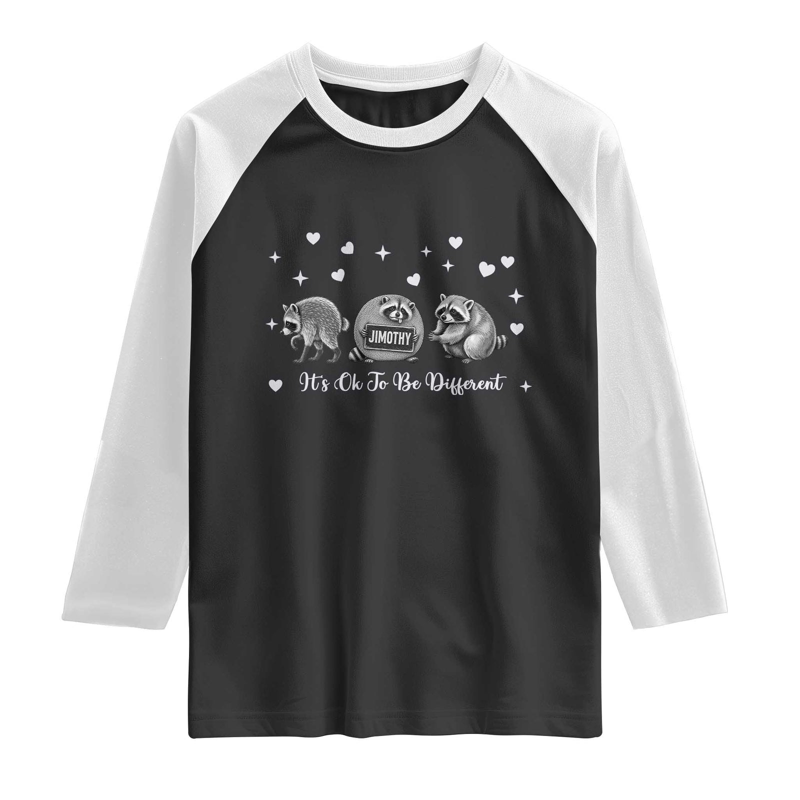 Its Ok To Be Different Jimothy Raccoon Raglan Shirt Cute Trash Panda Viral Animal Lover Gift TS12 Black White Print Your Wear