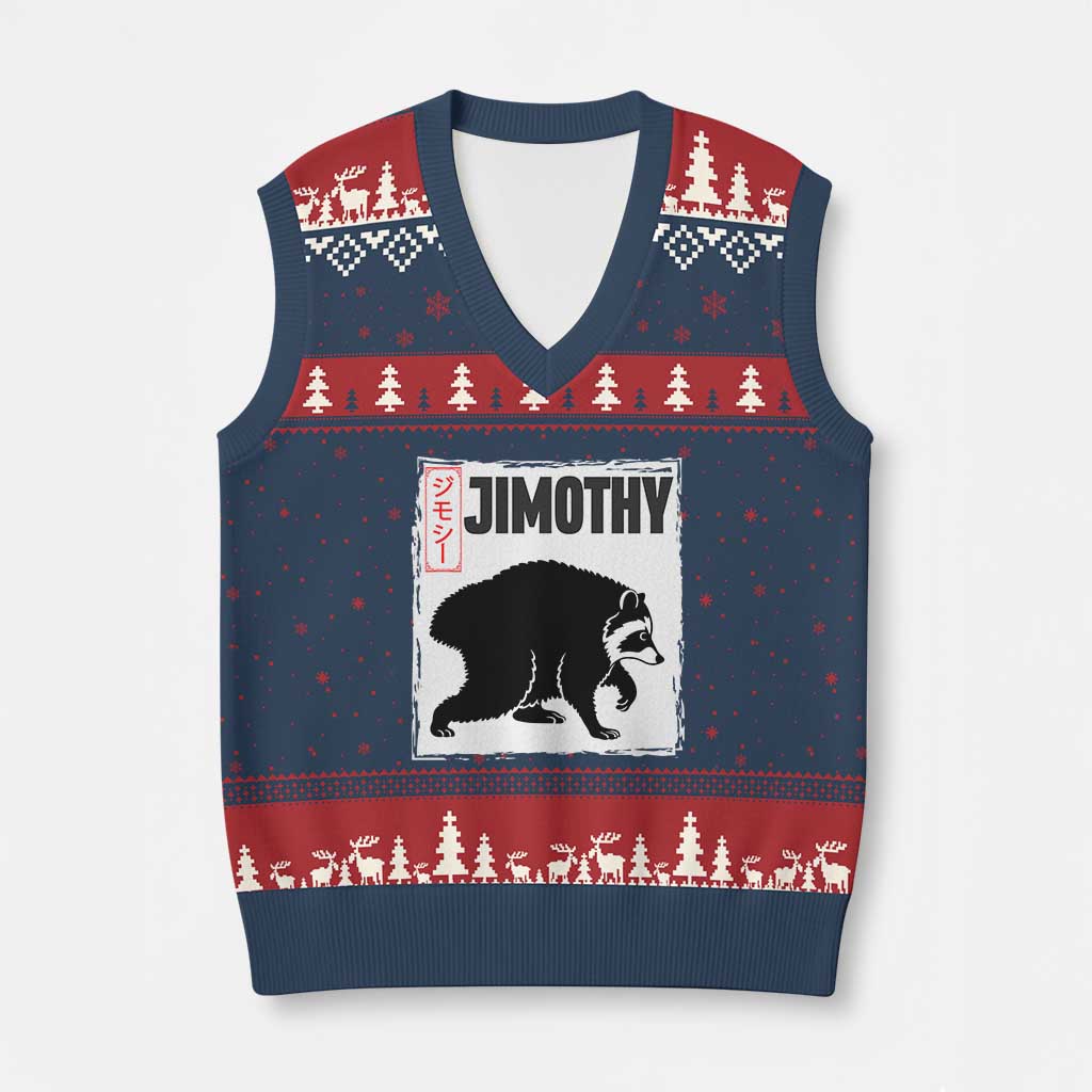 Jimothy The Raccoon V-Neck Knit Sweater Vest Japanese Style Trash Panda Graphic TS12 Navy Red Print Your Wear