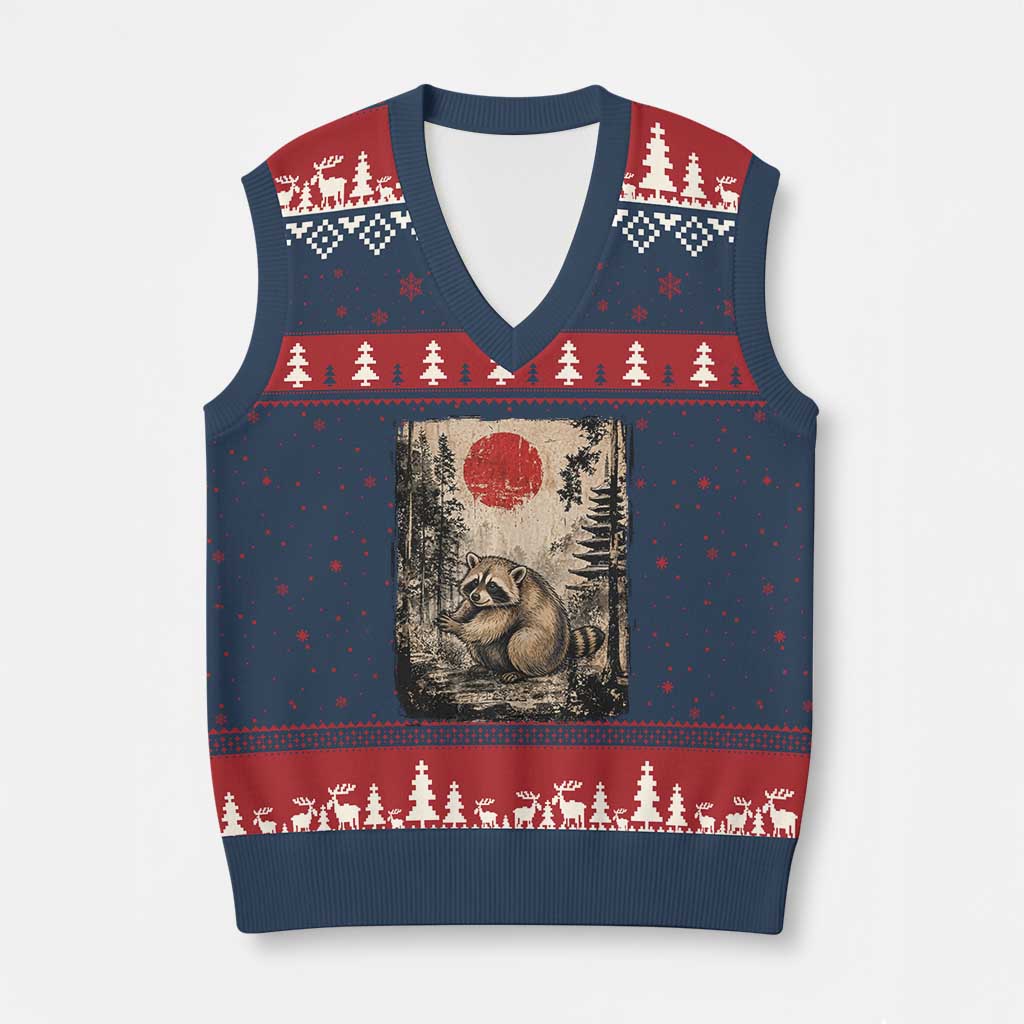 Vintage Japanese Ukiyoe Raccoon V-Neck Knit Sweater Vest Seattle Short Spine Trash Panda TS12 Navy Red Print Your Wear