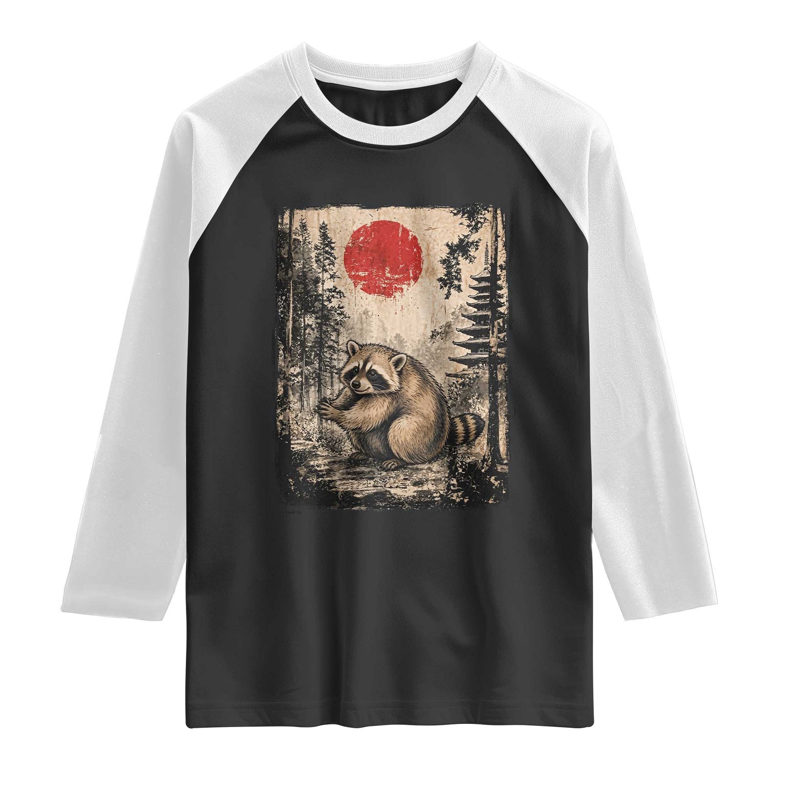 Vintage Japanese Ukiyoe Raccoon Raglan Shirt Seattle Short Spine Trash Panda TS12 Black White Print Your Wear