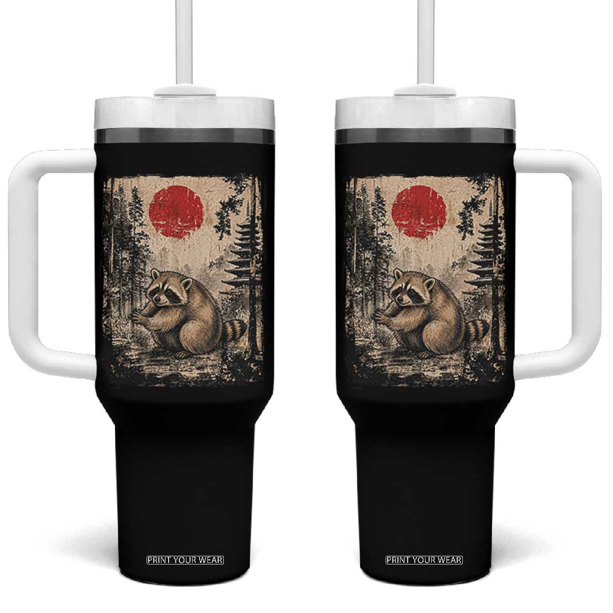 Vintage Japanese Ukiyoe Raccoon Tumbler With Handle Seattle Short Spine Trash Panda