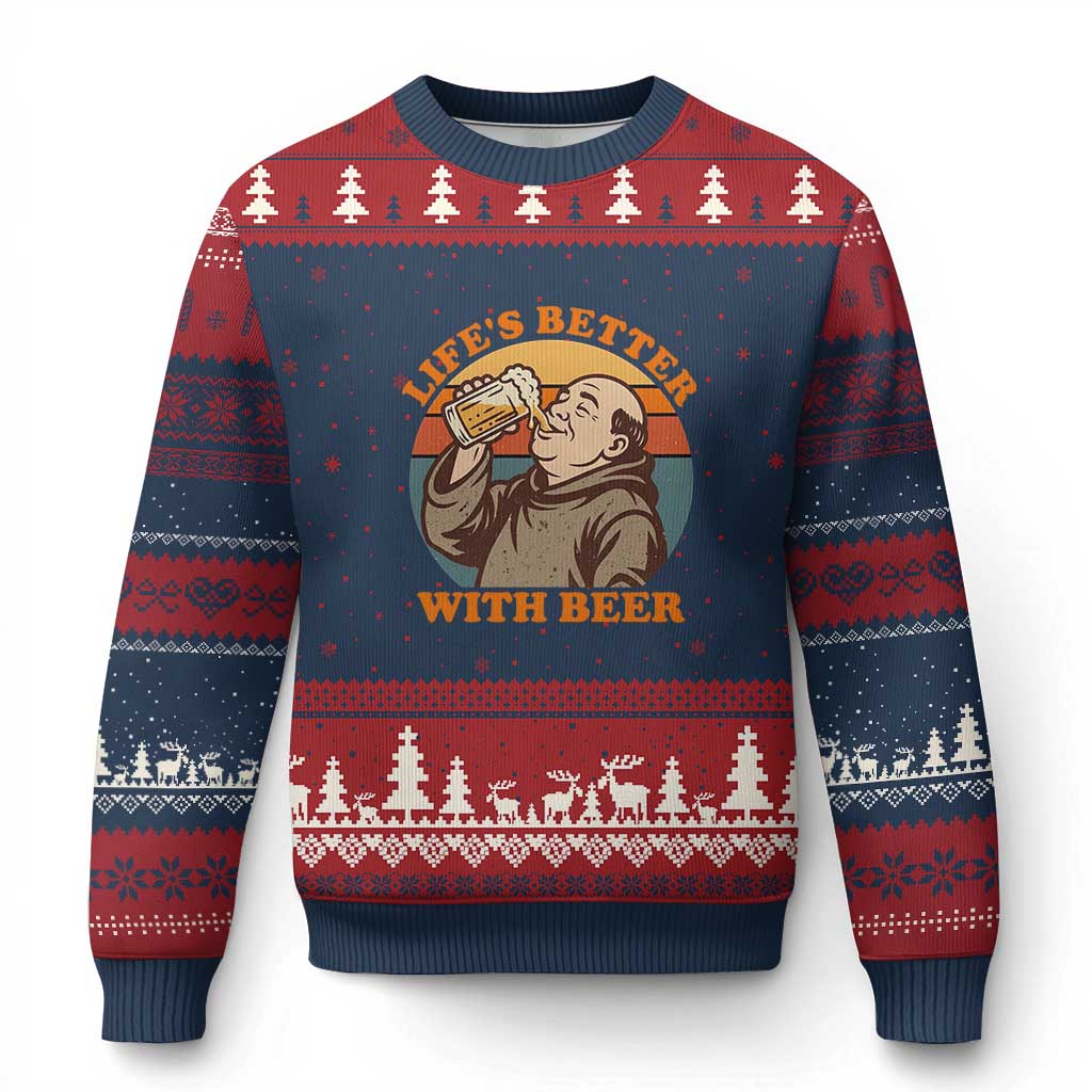 Funny Craft Beer Drinker Monks Ugly Christmas Sweater Lifes Better With Beer TS12 Navy Red Print Your Wear