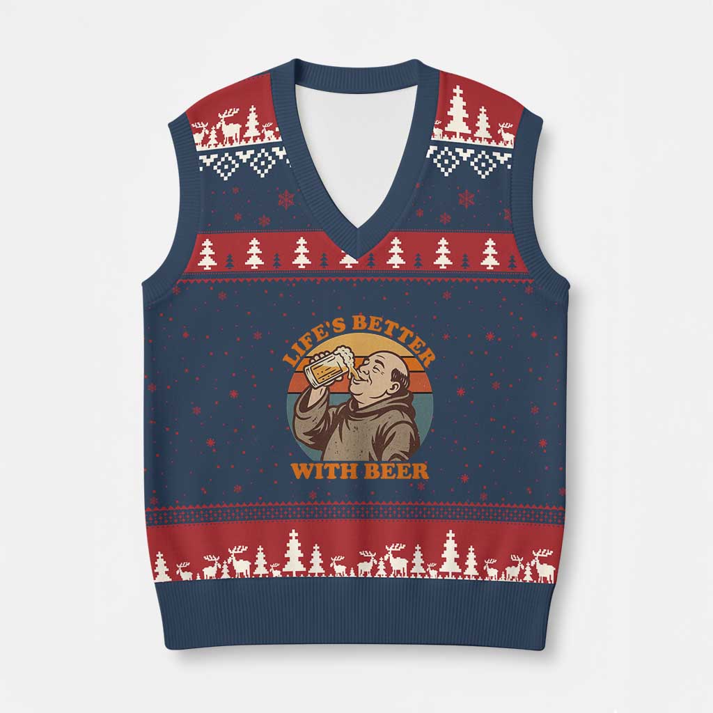 Funny Craft Beer Drinker Monks V-Neck Knit Sweater Vest Lifes Better With Beer TS12 Navy Red Print Your Wear