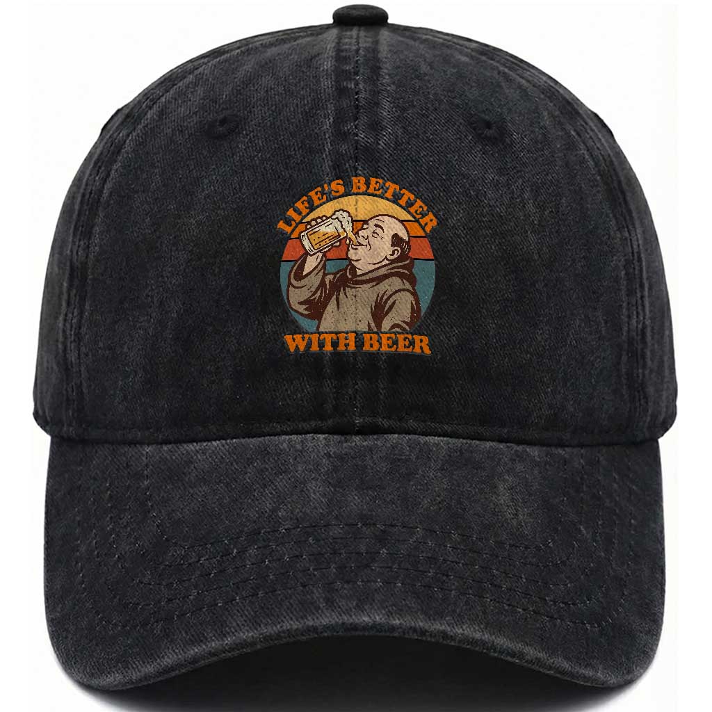 Funny Craft Beer Drinker Monks Washed Cotton Baseball Cap Lifes Better With Beer TS12 Print Your Wear