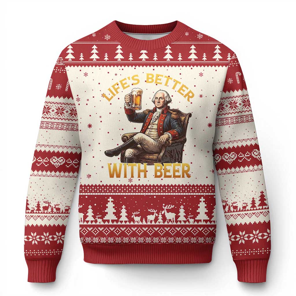 George Washington Lifes Better With Beer Ugly Christmas Sweater Funny Founding Father Beer Lover TS12 Beige Red Print Your Wear