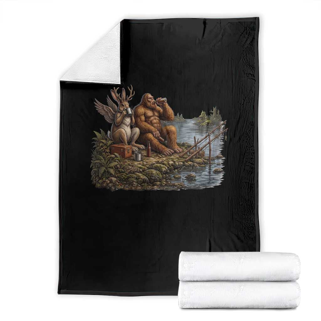 Funny Wolpertinger Bigfoot Fishing Throw Blanket Beer Drinking Cryptid Fisherman Gift TS12 Black Print Your Wear