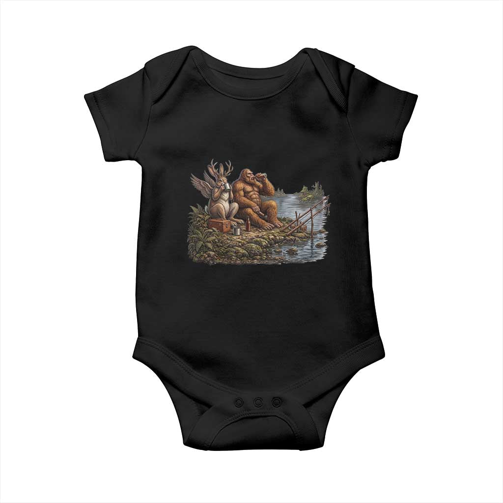 Funny Wolpertinger Bigfoot Fishing Baby Onesie Beer Drinking Cryptid Fisherman Gift TS12 Black Print Your Wear