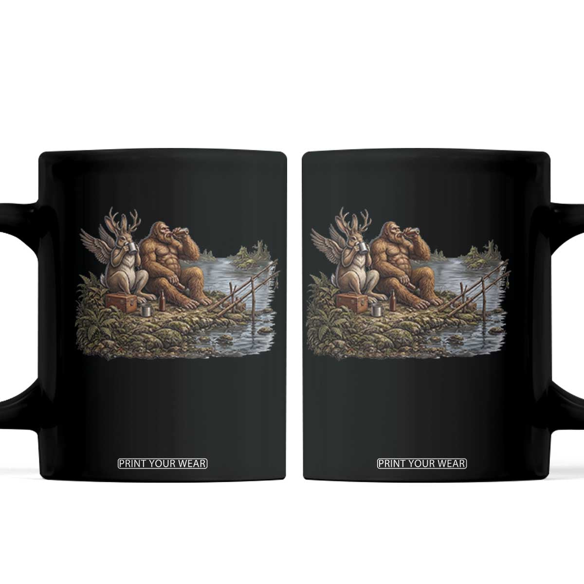 Funny Wolpertinger Bigfoot Fishing Coffee Mug Beer Drinking Cryptid Fisherman Gift TS12 Black Print Your Wear
