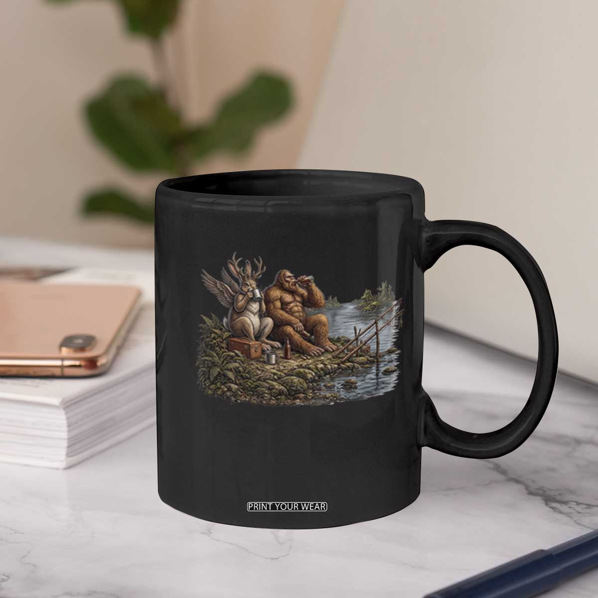 Funny Wolpertinger Bigfoot Fishing Coffee Mug Beer Drinking Cryptid Fisherman Gift
