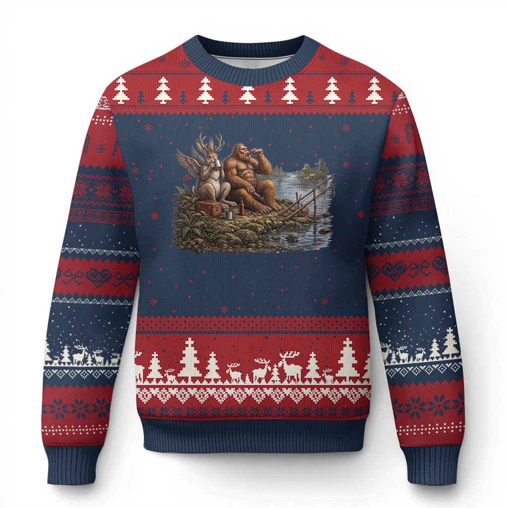 Funny Wolpertinger Bigfoot Fishing Ugly Christmas Sweater Beer Drinking Cryptid Fisherman Gift TS12 Navy Red Print Your Wear