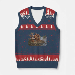 Funny Wolpertinger Bigfoot Fishing V-Neck Knit Sweater Vest Beer Drinking Cryptid Fisherman Gift