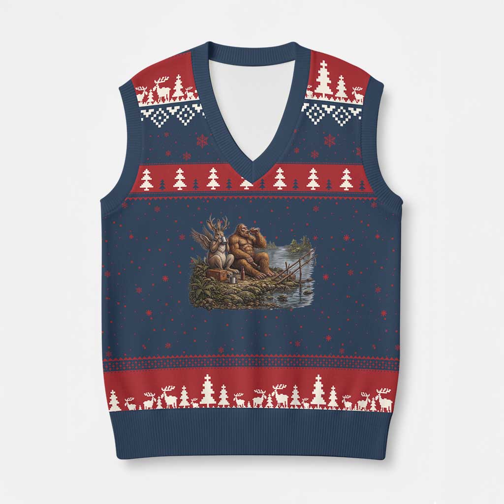 Funny Wolpertinger Bigfoot Fishing V-Neck Knit Sweater Vest Beer Drinking Cryptid Fisherman Gift TS12 Navy Red Print Your Wear