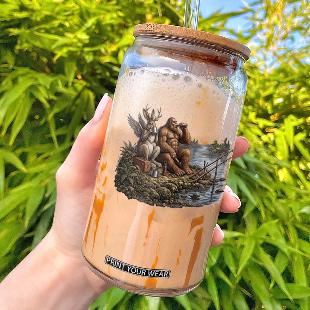 Funny Wolpertinger Bigfoot Fishing Glass Can Beer Drinking Cryptid Fisherman Gift TS12 Black Print Your Wear