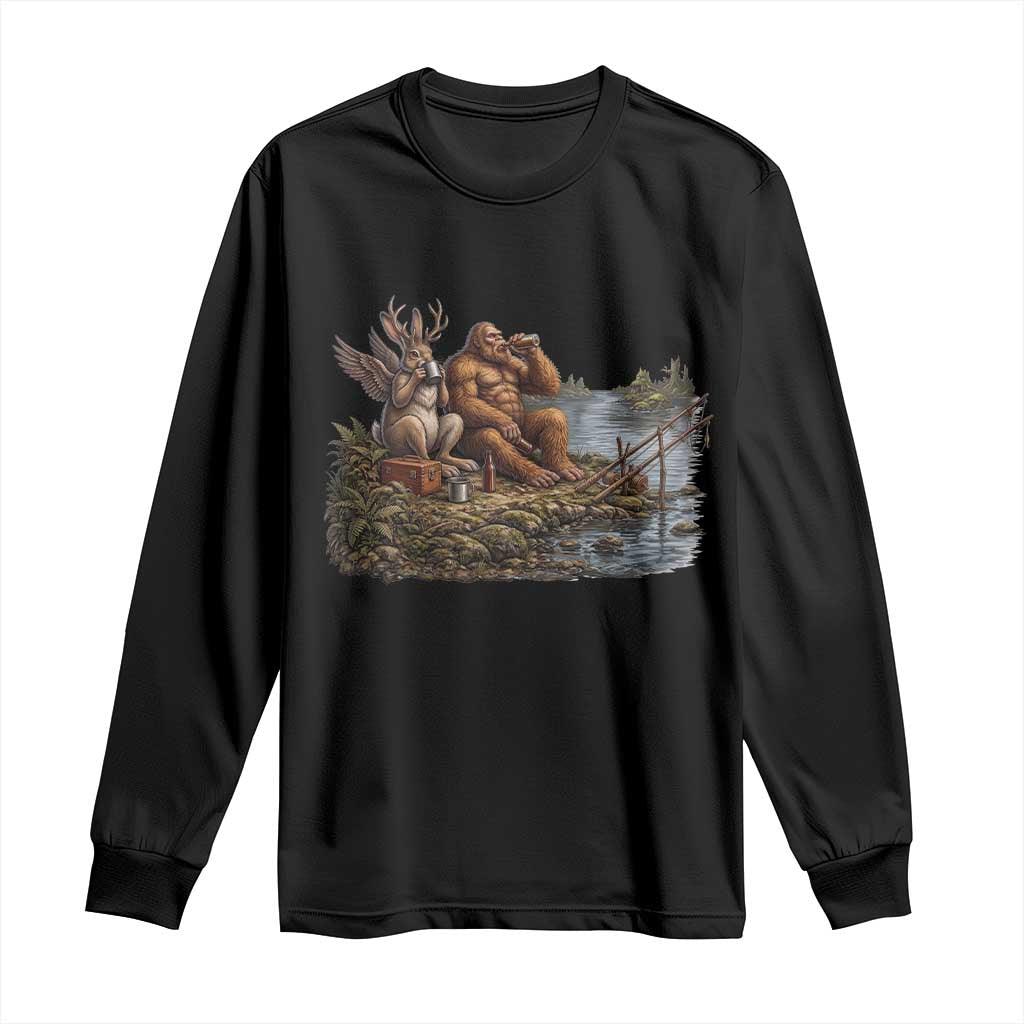 Funny Wolpertinger Bigfoot Fishing Long Sleeve Shirt Beer Drinking Cryptid Fisherman Gift TS12 Black Print Your Wear