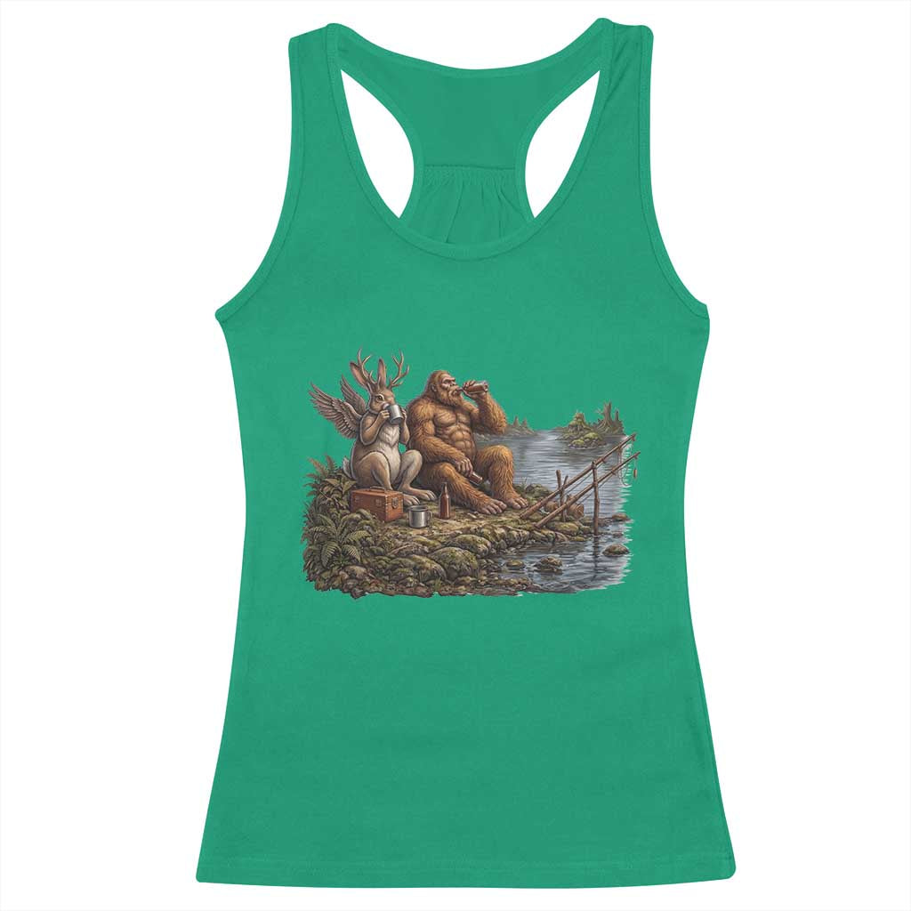 Funny Wolpertinger Bigfoot Fishing Racerback Tank Top Beer Drinking Cryptid Fisherman Gift