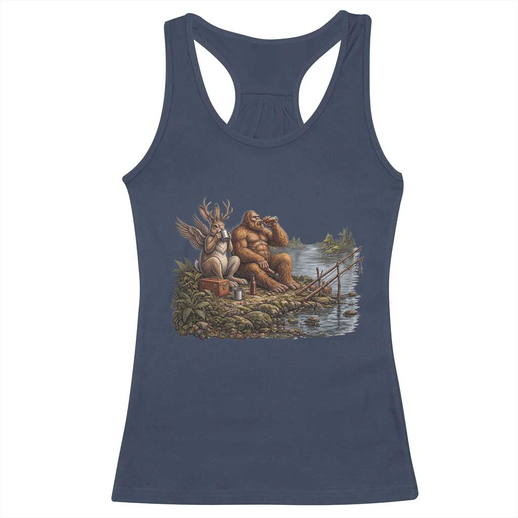 Funny Wolpertinger Bigfoot Fishing Racerback Tank Top Beer Drinking Cryptid Fisherman Gift