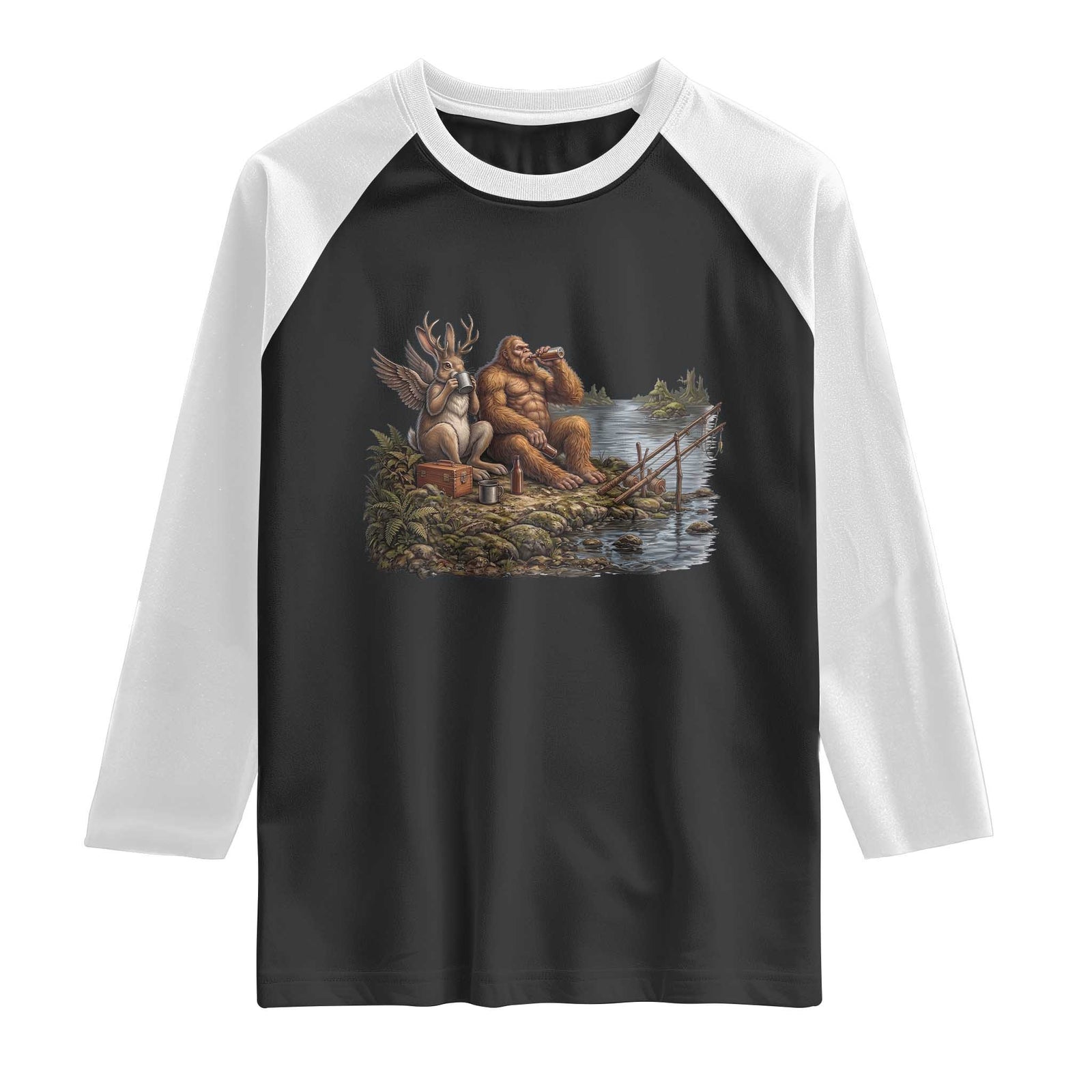 Funny Wolpertinger Bigfoot Fishing Raglan Shirt Beer Drinking Cryptid Fisherman Gift TS12 Black White Print Your Wear