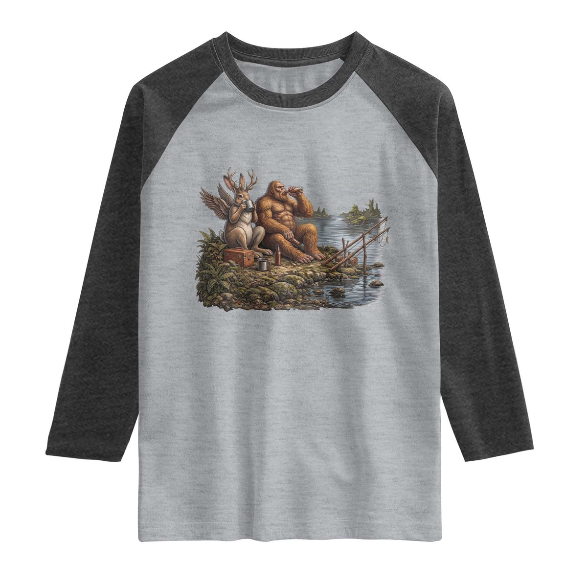 Funny Wolpertinger Bigfoot Fishing Raglan Shirt Beer Drinking Cryptid Fisherman Gift