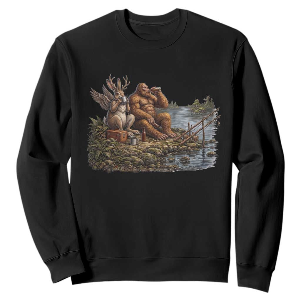 Funny Wolpertinger Bigfoot Fishing Sweatshirt Beer Drinking Cryptid Fisherman Gift TS12 Black Print Your Wear