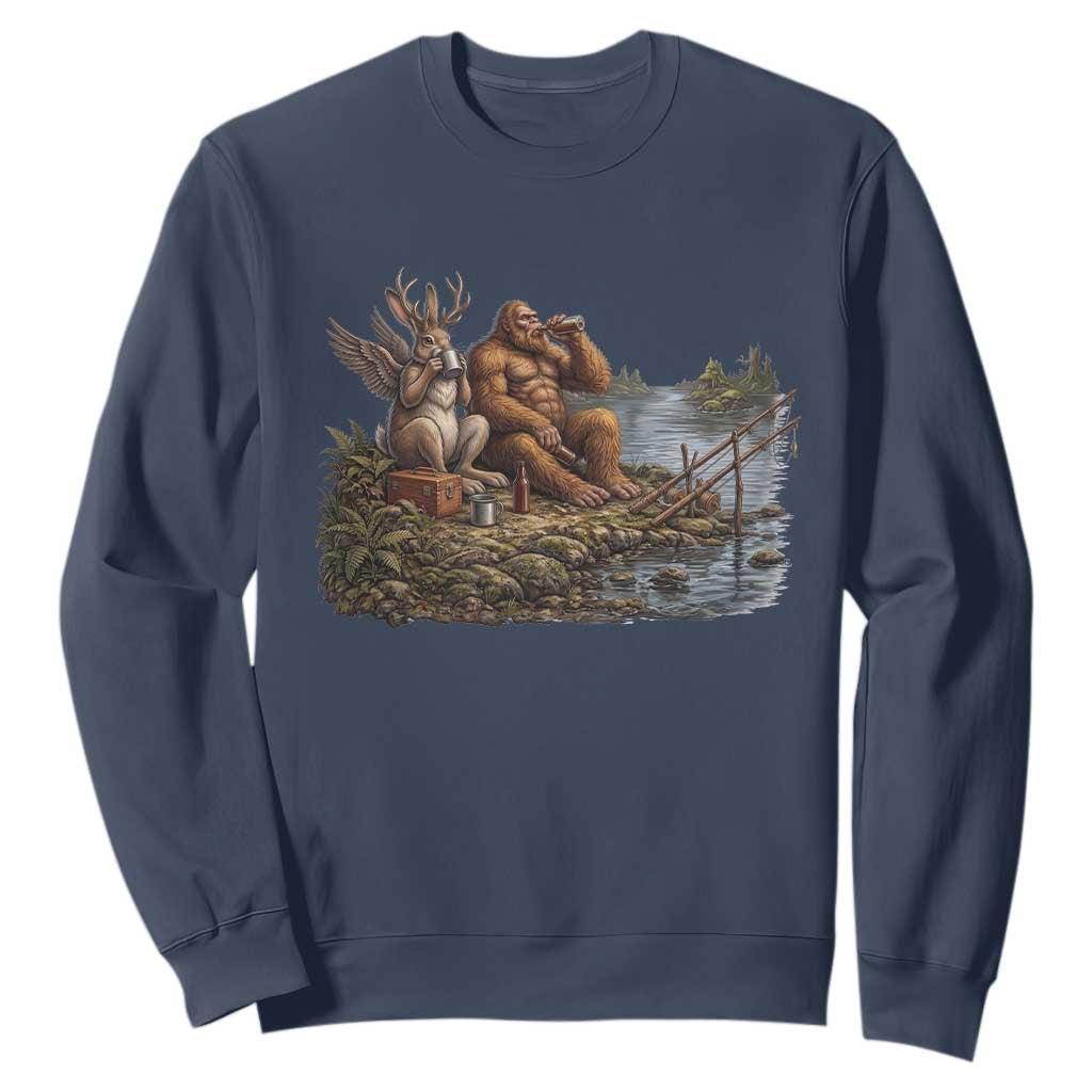 Funny Wolpertinger Bigfoot Fishing Sweatshirt Beer Drinking Cryptid Fisherman Gift