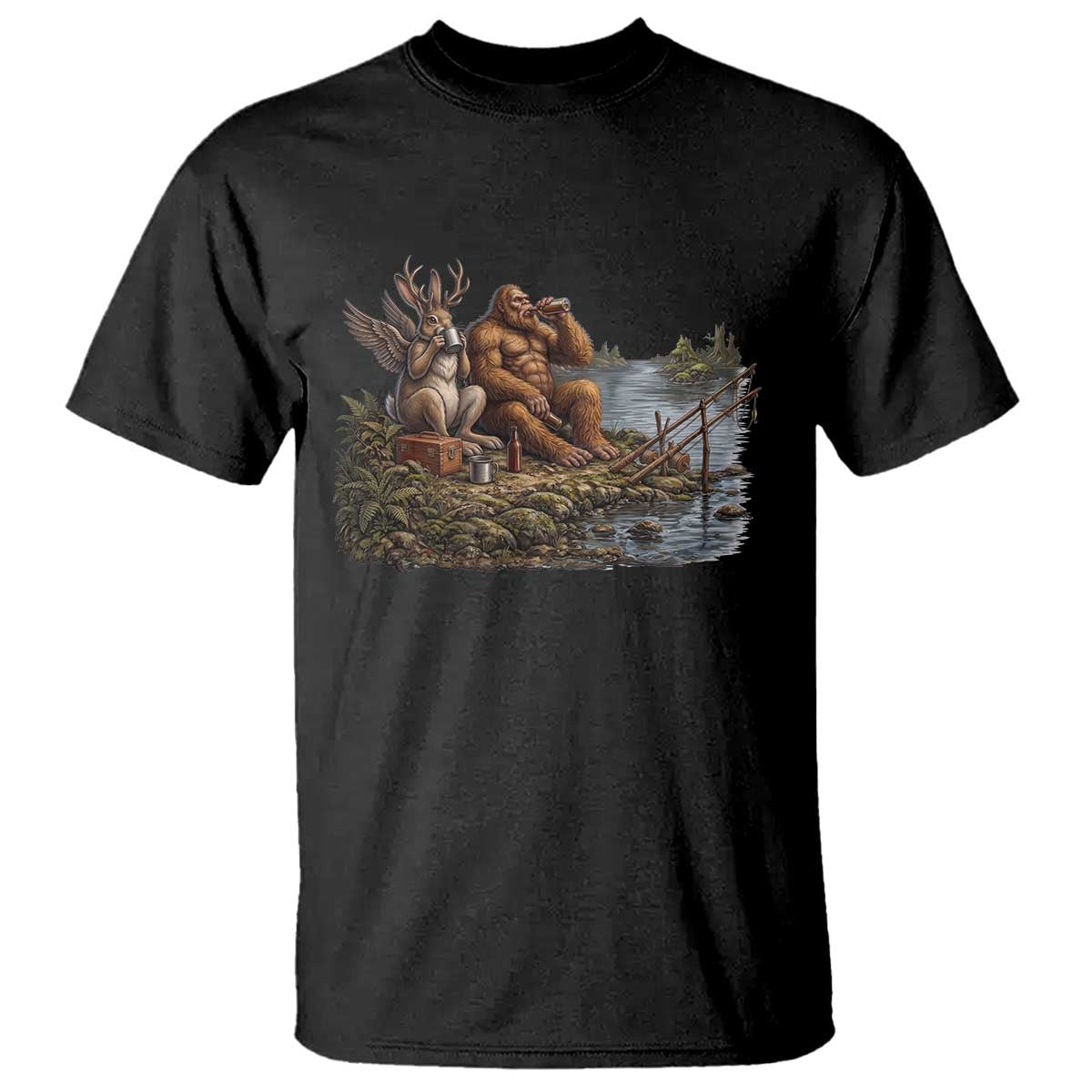 Funny Wolpertinger Bigfoot Fishing T Shirt Beer Drinking Cryptid Fisherman Gift