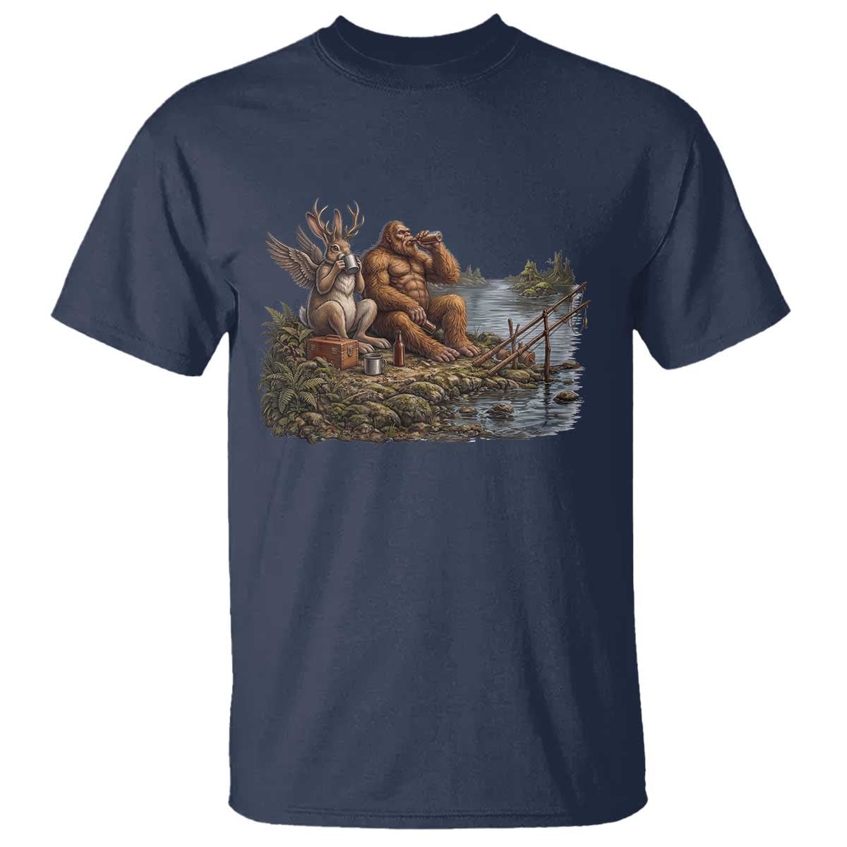 Funny Wolpertinger Bigfoot Fishing T Shirt Beer Drinking Cryptid Fisherman Gift
